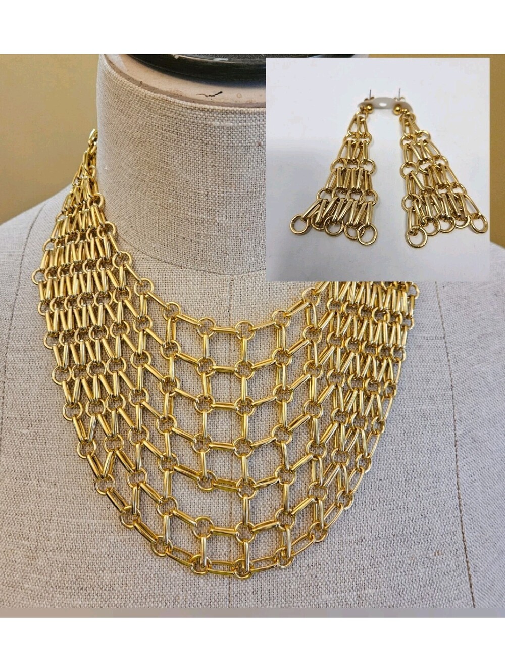 Vintage Chain Maille Bib Bright Gold Tone Statement Necklace & Earrings Rare Set